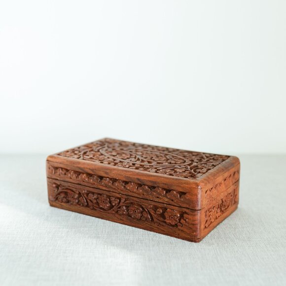 Vintage Hand Carved Wooden Jewelry Trinket Memorial Box Himalayan Jungle Wood - Picture 6 of 16